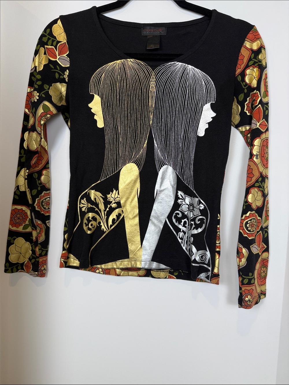 ✨Rare Vintage Custo Barcelona Y2K Metallic Foil Graphic Top Size 2 EUC EuroTrash